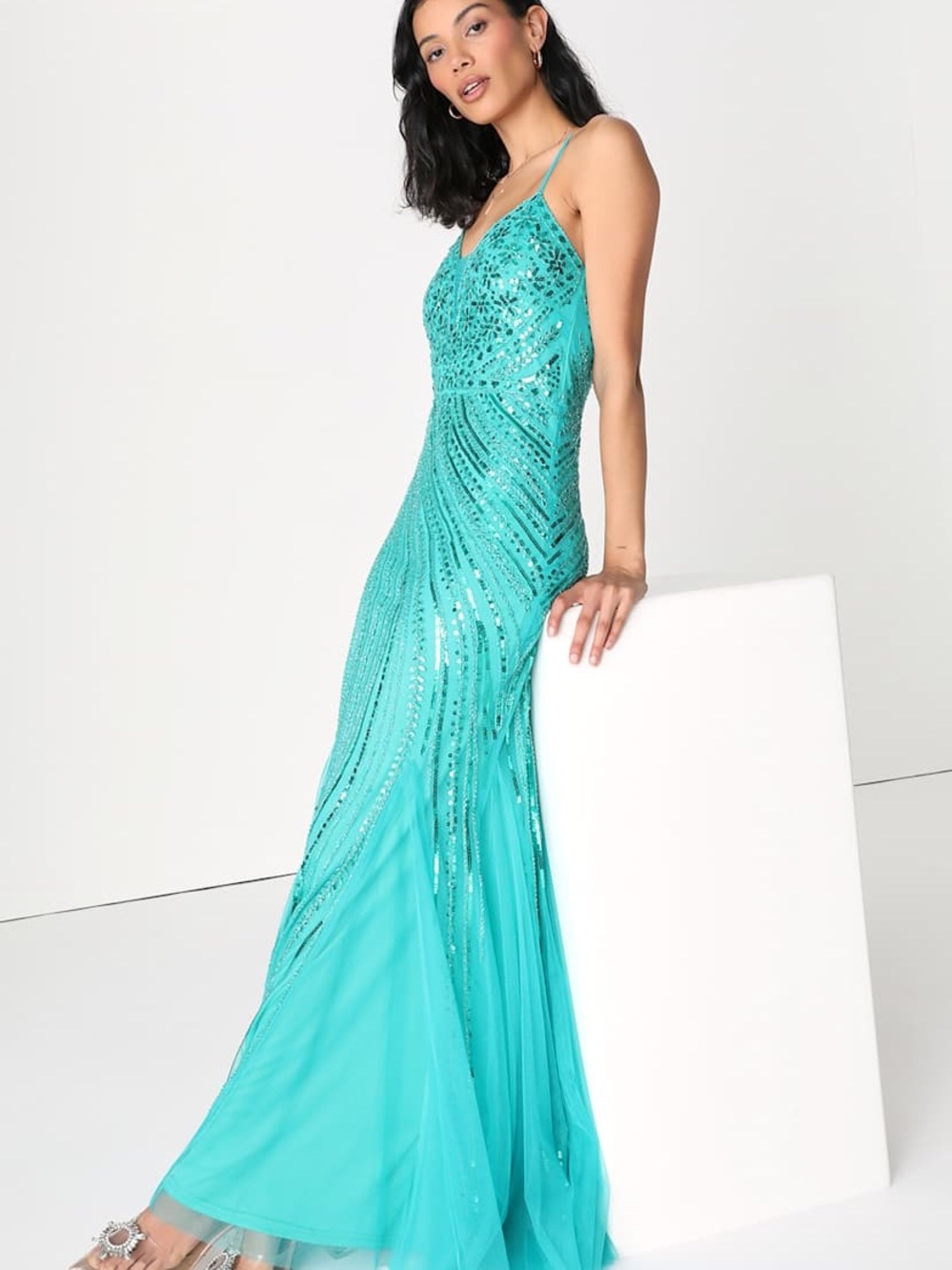 Lulu’s Turquoise Sequin Evening Gown with Spaghetti Straps
